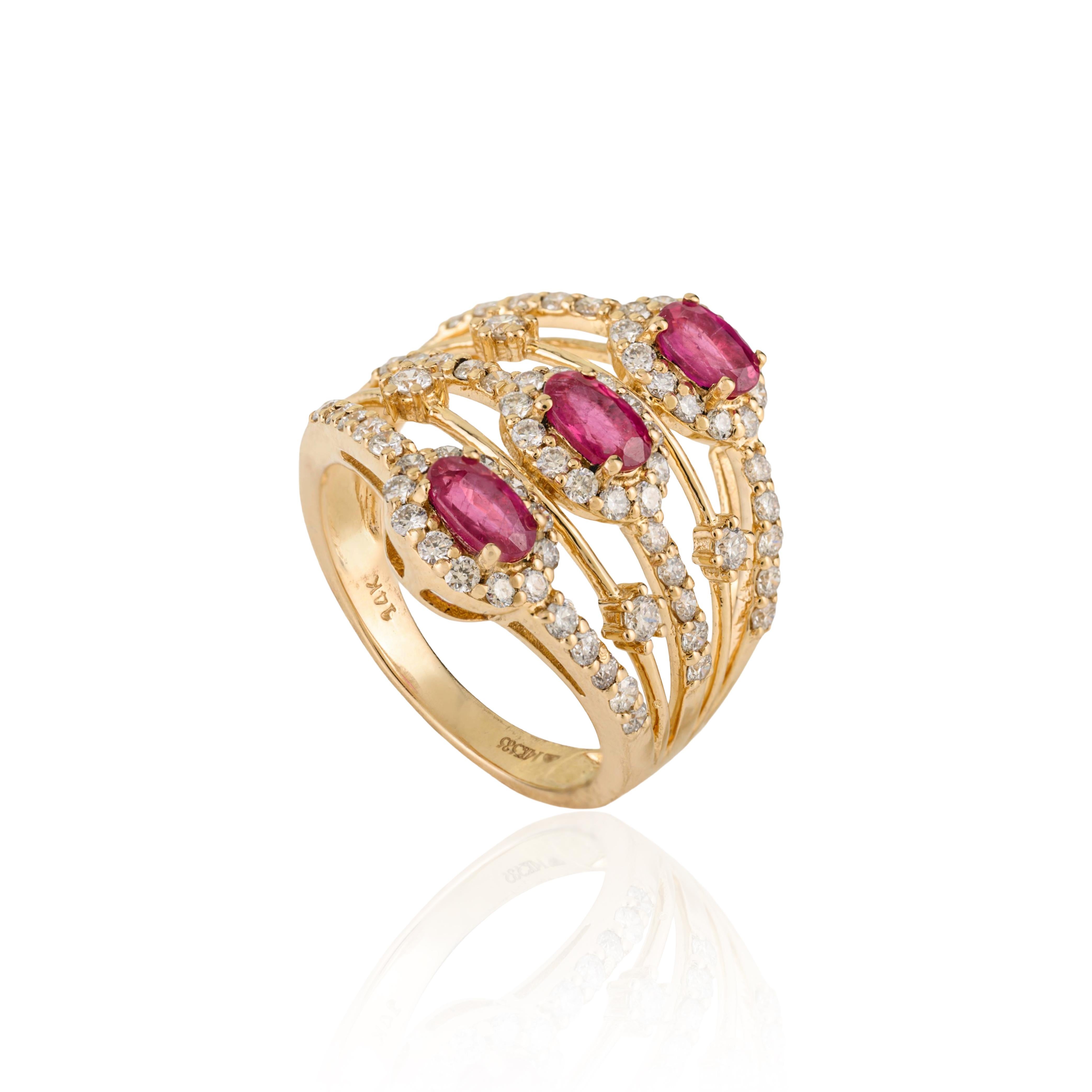 En vente :  Bague de cocktail Art déco en or jaune 14 carats 1,15 carat de rubis et de diamants à rangs multiples 3