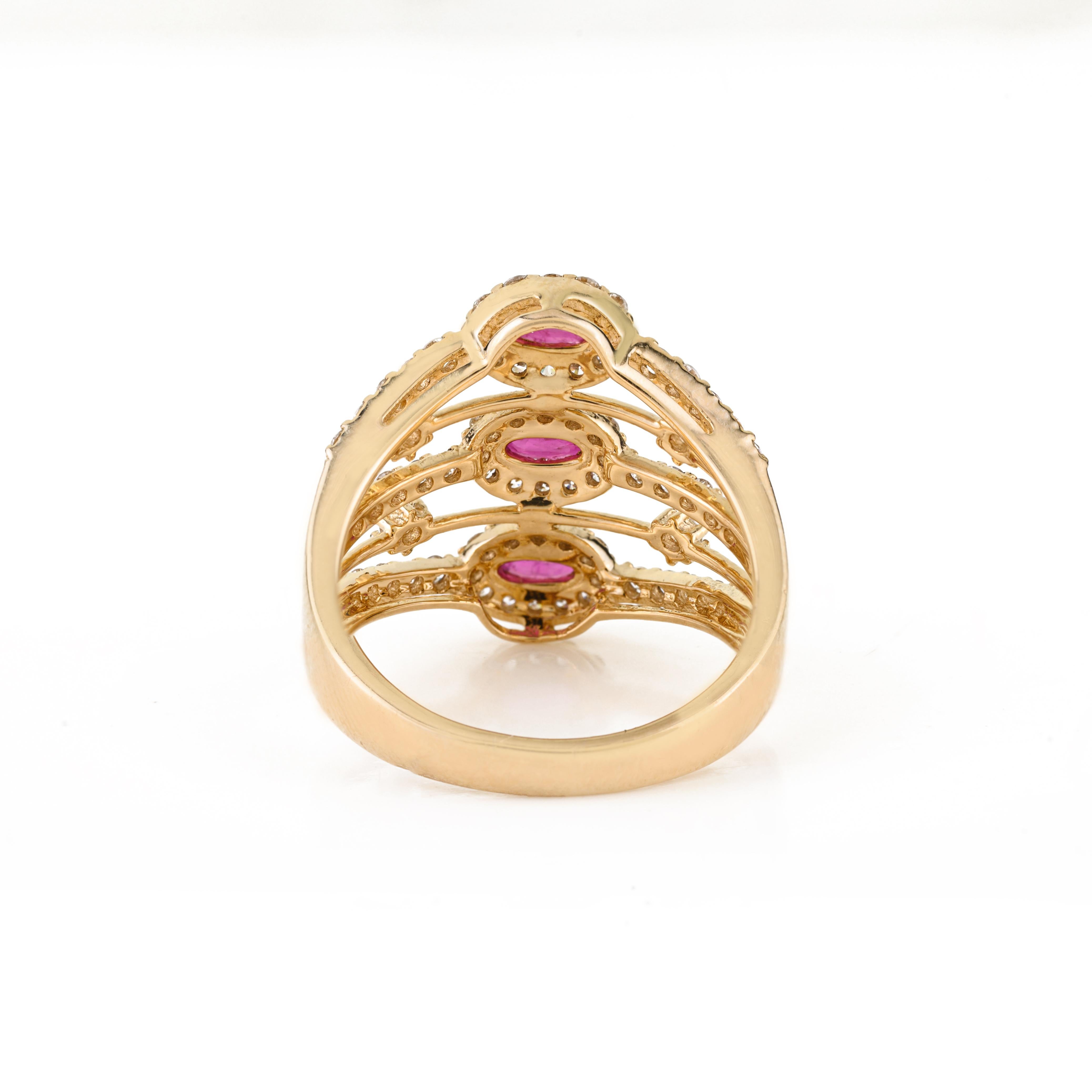 En vente :  Bague de cocktail Art déco en or jaune 14 carats 1,15 carat de rubis et de diamants à rangs multiples 5