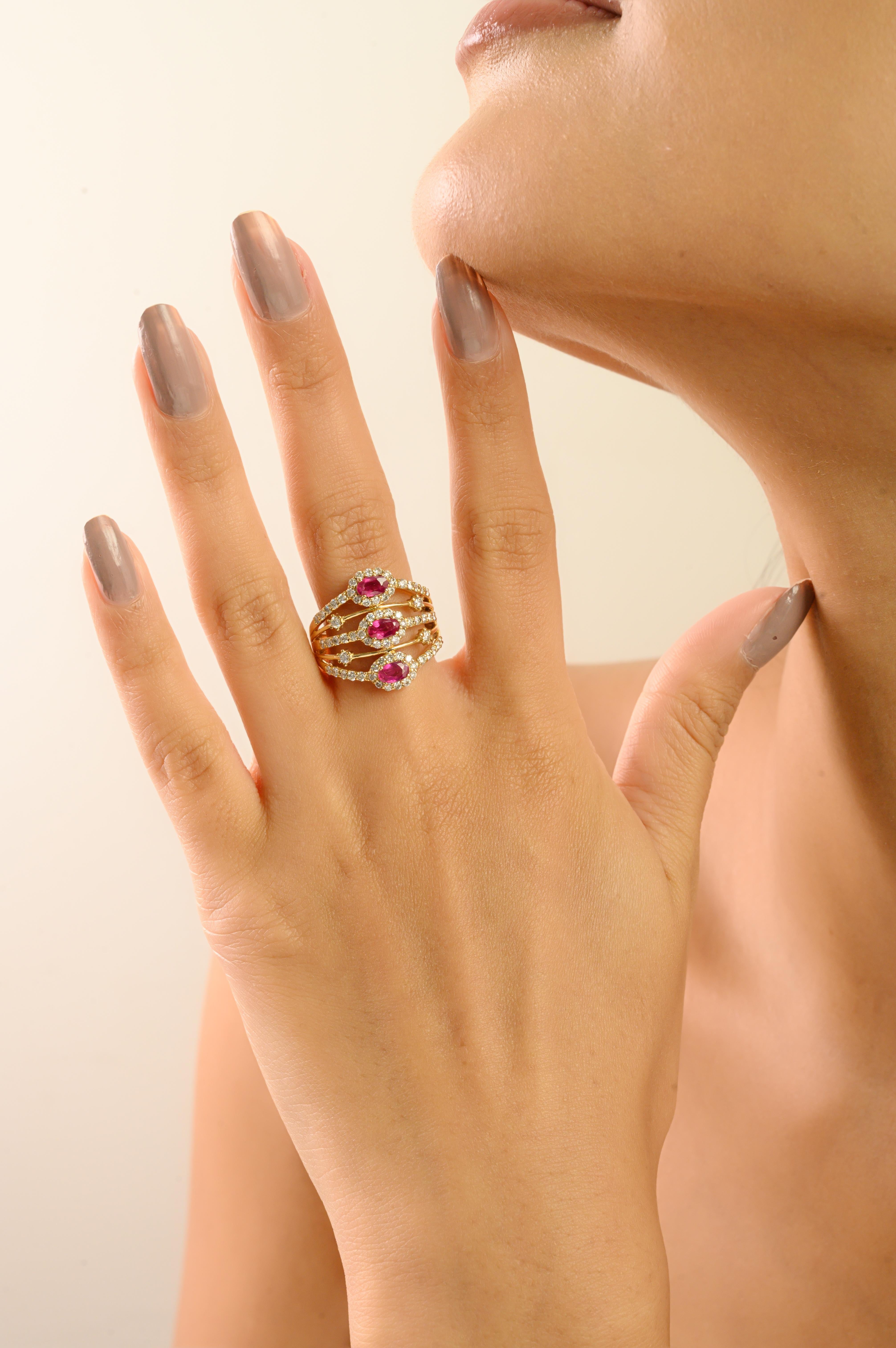 En vente :  Bague de cocktail Art déco en or jaune 14 carats 1,15 carat de rubis et de diamants à rangs multiples 8