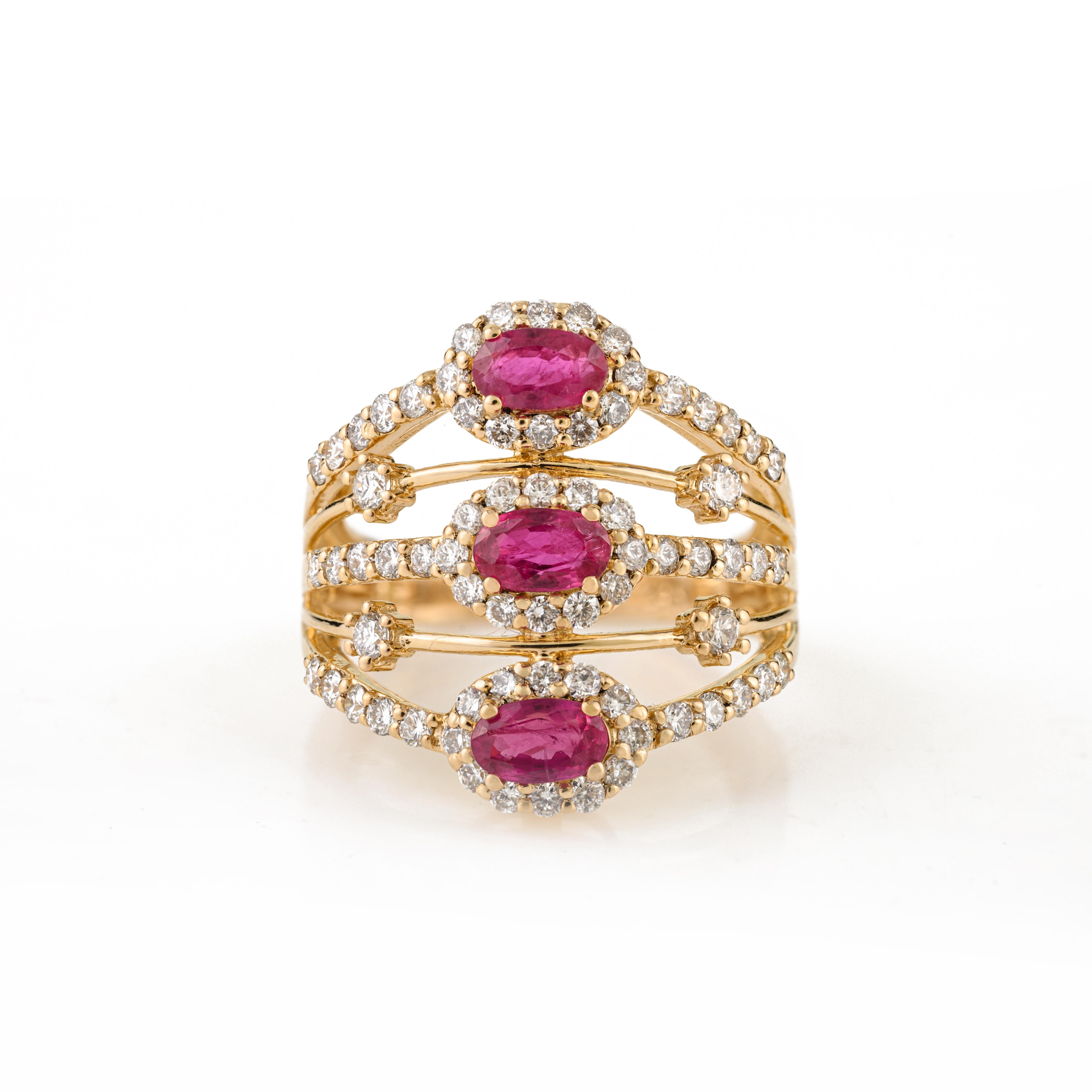 En vente :  Bague de cocktail Art déco en or jaune 14 carats 1,15 carat de rubis et de diamants à rangs multiples 9