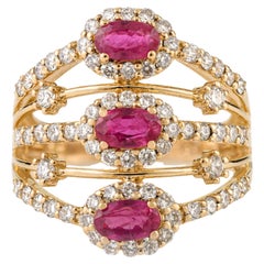 Art Deco 14K Yellow Gold 1.15 Ct Ruby & Diamond Multi-Row Cocktail Ring
