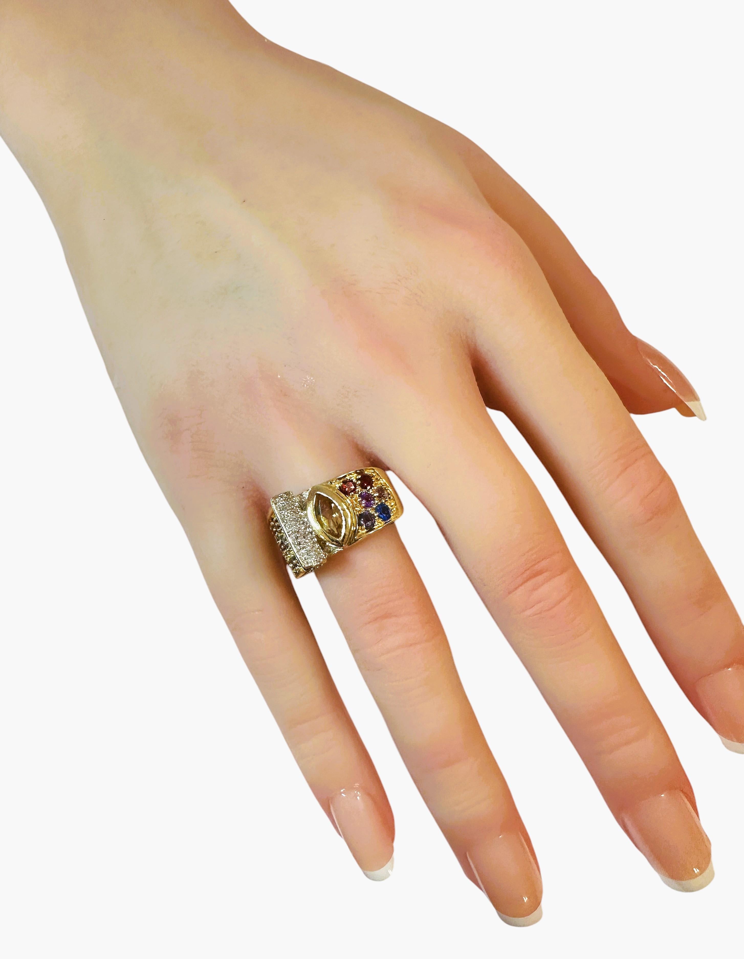 Art Deco 14 Karat Yellow Gold .21 carat Diamond & Multi-Colored Gemstone Ring