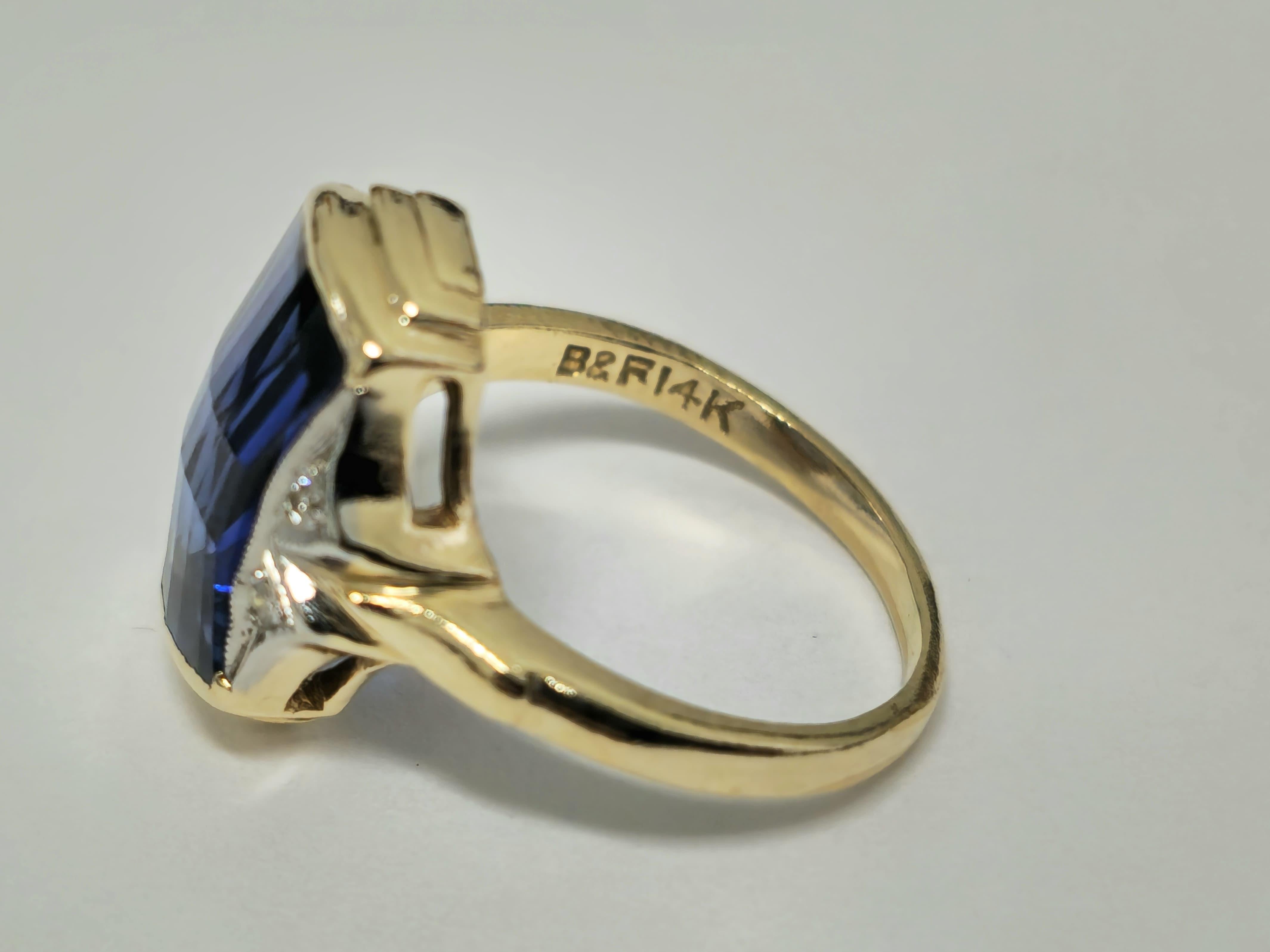 Emerald Cut Art Deco 14k Yellow Gold 4ct Blue Sapphire Diamond Ring