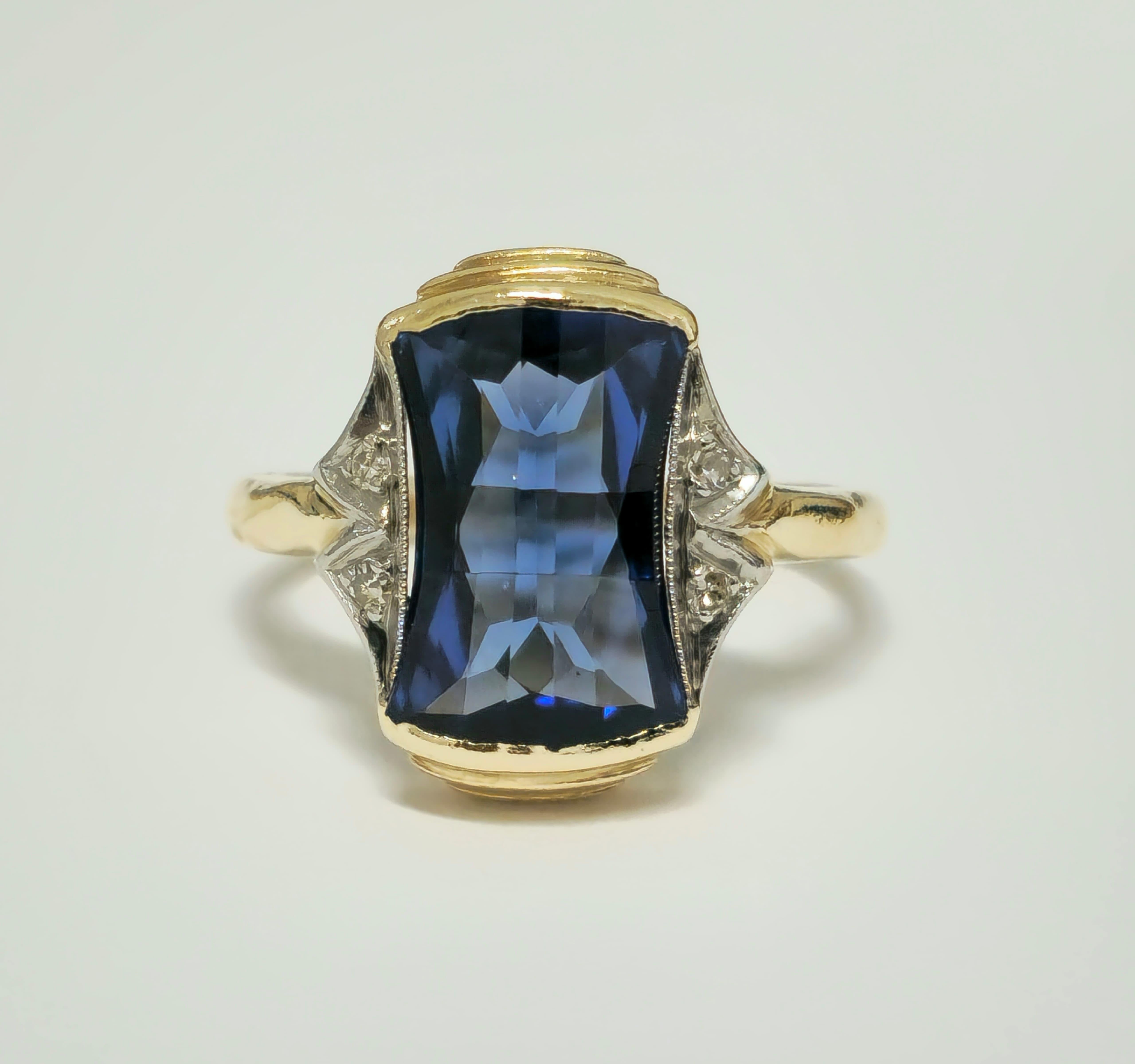 Women's Art Deco 14k Yellow Gold 4ct Blue Sapphire Diamond Ring