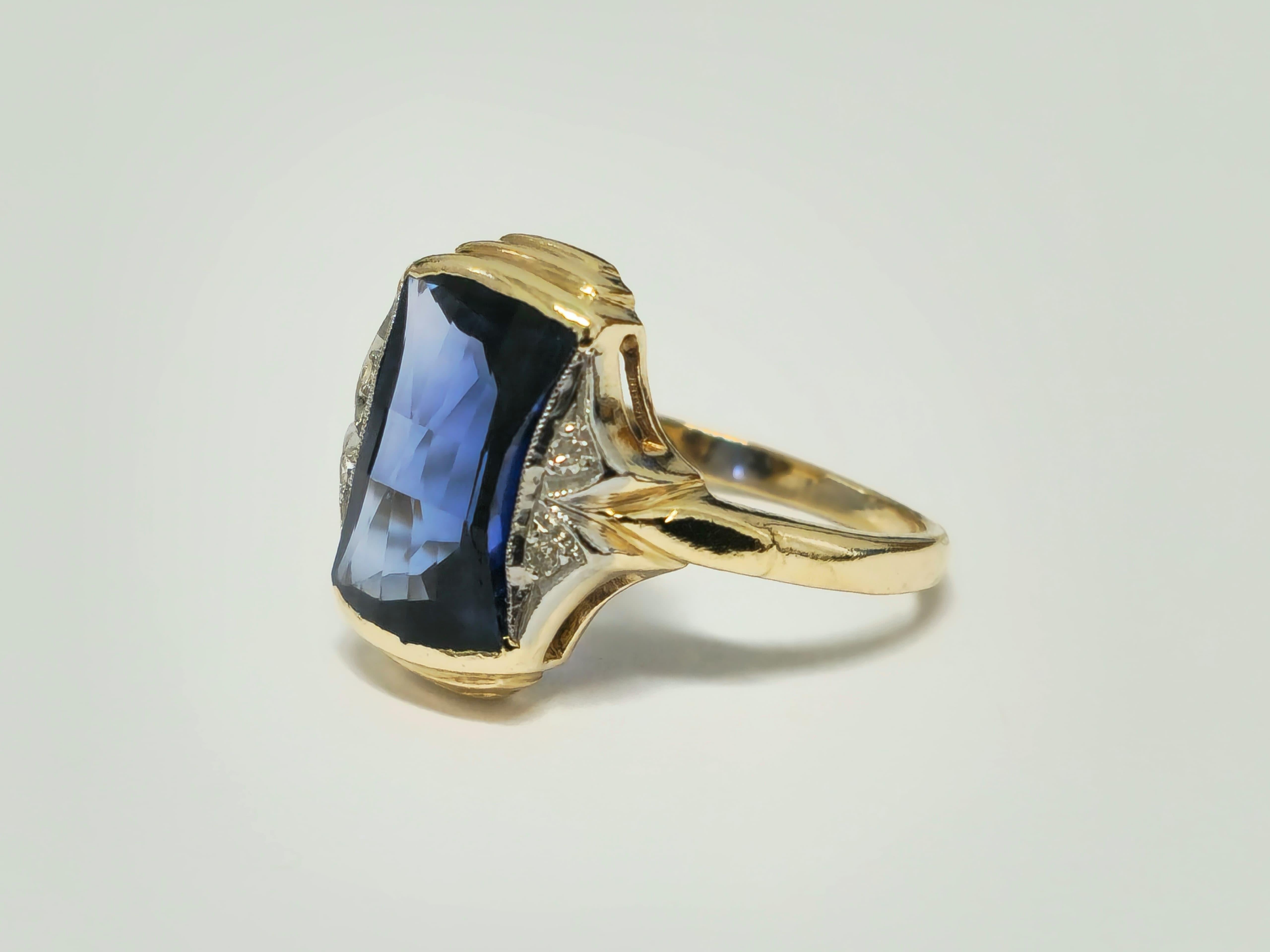 Art Deco 14k Yellow Gold 4ct Blue Sapphire Diamond Ring 1
