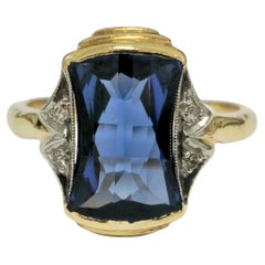 Art Deco 14k Yellow Gold 4ct Blue Sapphire Diamond Ring