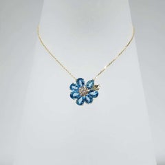 14K Yellow Gold Flower Pendant Necklace, 6.47ct Blue Topaz & Diamonds