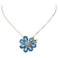Art Deco 14K Yellow Gold Blue Topaz Flower Pendant with Diamonds