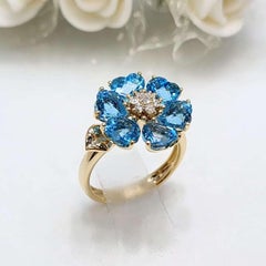 Art Deco 14K Yellow Gold Blue Topaz Flower Ring, 6.16ct, Diamonds