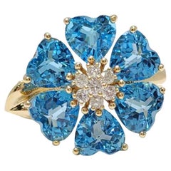 Art Deco 14K Yellow Gold Blue Topaz Flower Ring, 6.16ct, Diamonds