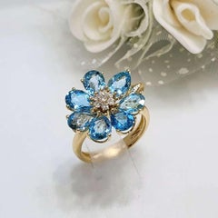 Art Deco 14K Yellow Gold Blue Topaz Flower Ring with Diamonds