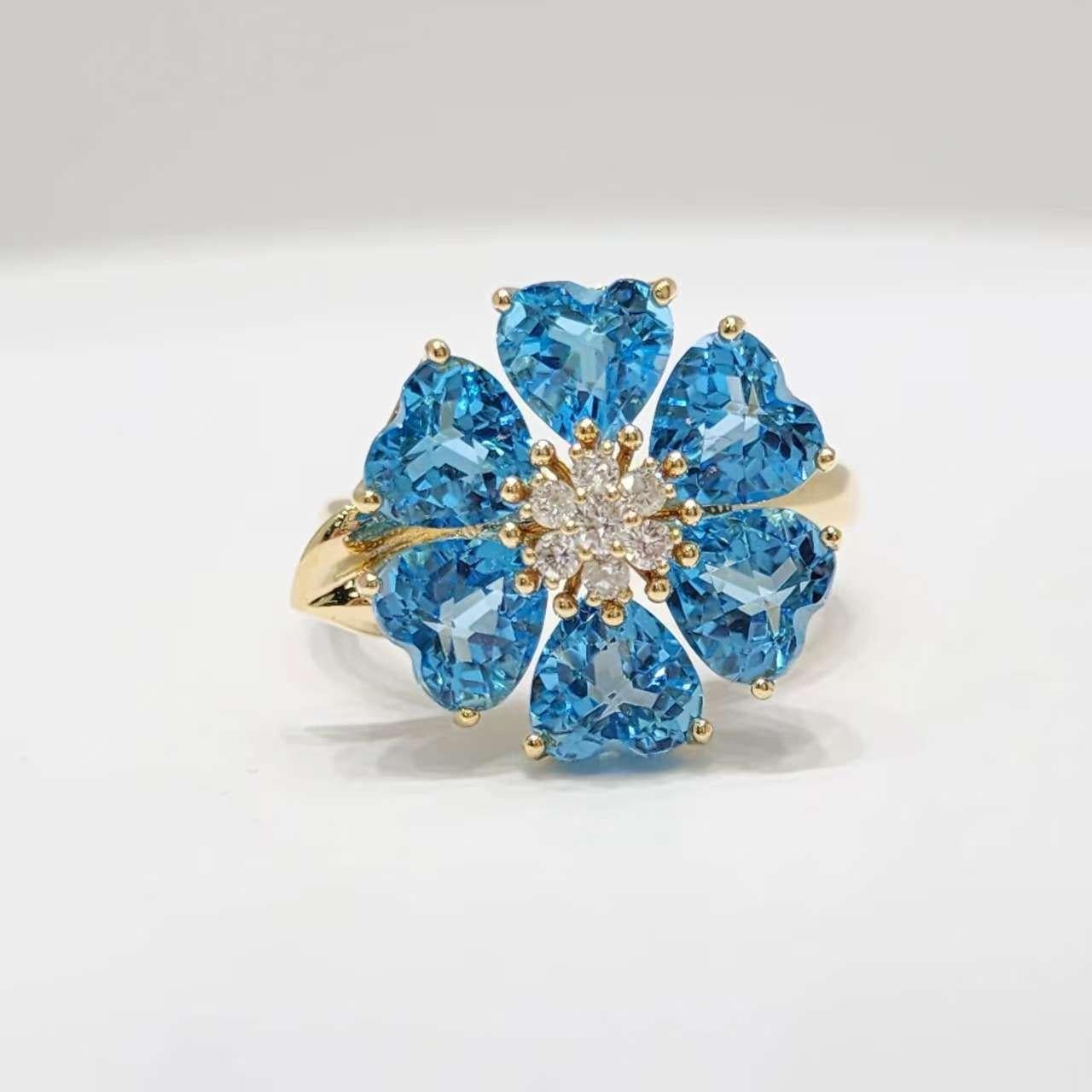 Bague Art déco en or jaune 14K avec fleur de topaze bleue et diamants Pour femmes en vente