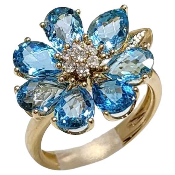 Art Deco 14K Gelbgold Blauer Topas Blumenring mit Diamanten