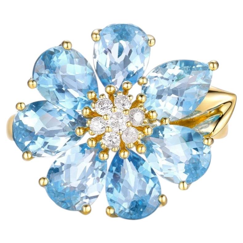 Anello Art Deco in oro giallo 14K con fiori di topazio blu e diamanti