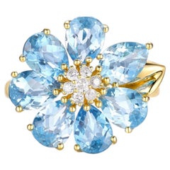 Art Deco 14K Yellow Gold Blue Topaz Flower Ring with Diamonds