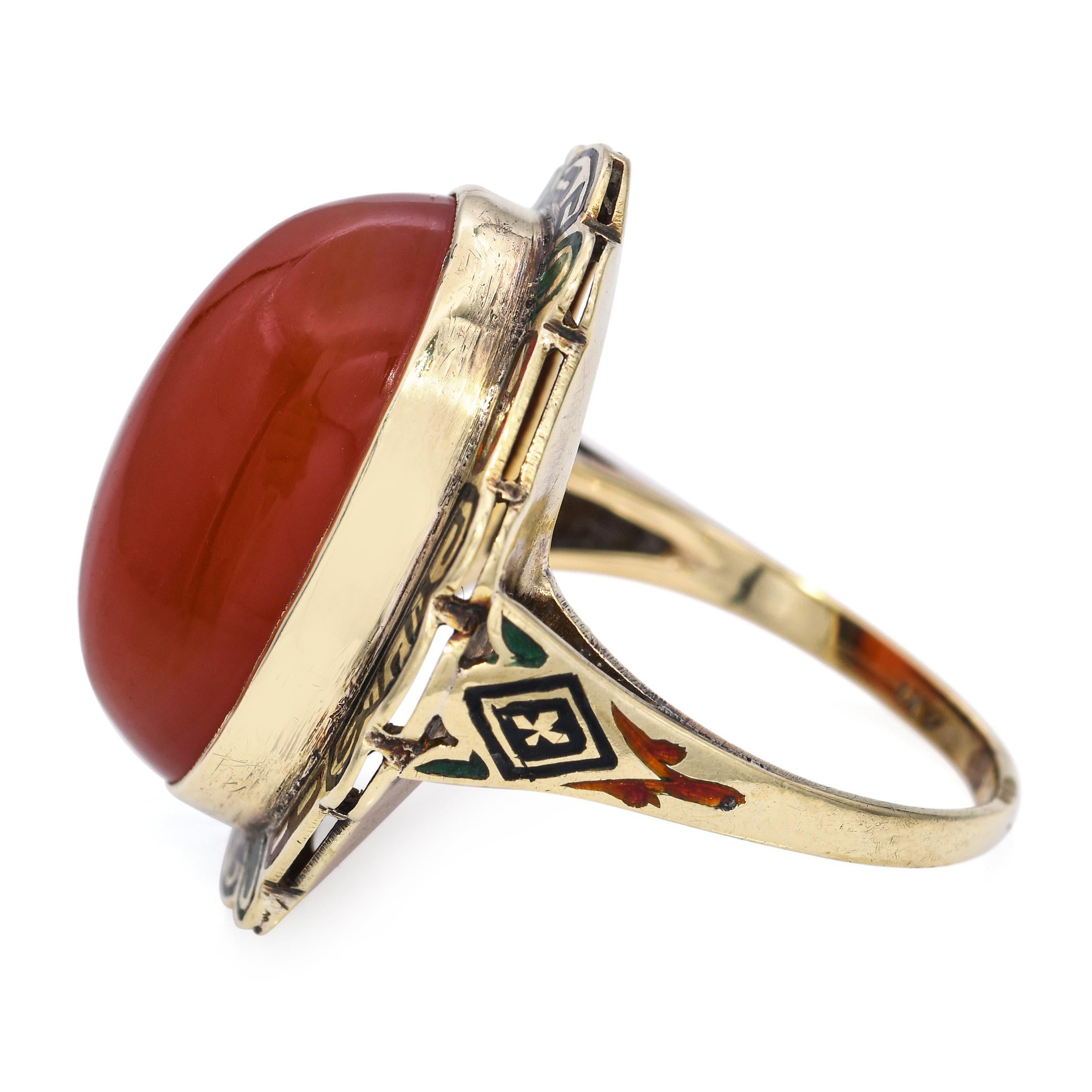 Art Deco 14k Gelbgold Karneol Cabochon und Emaille Ring für Damen oder Herren im Angebot