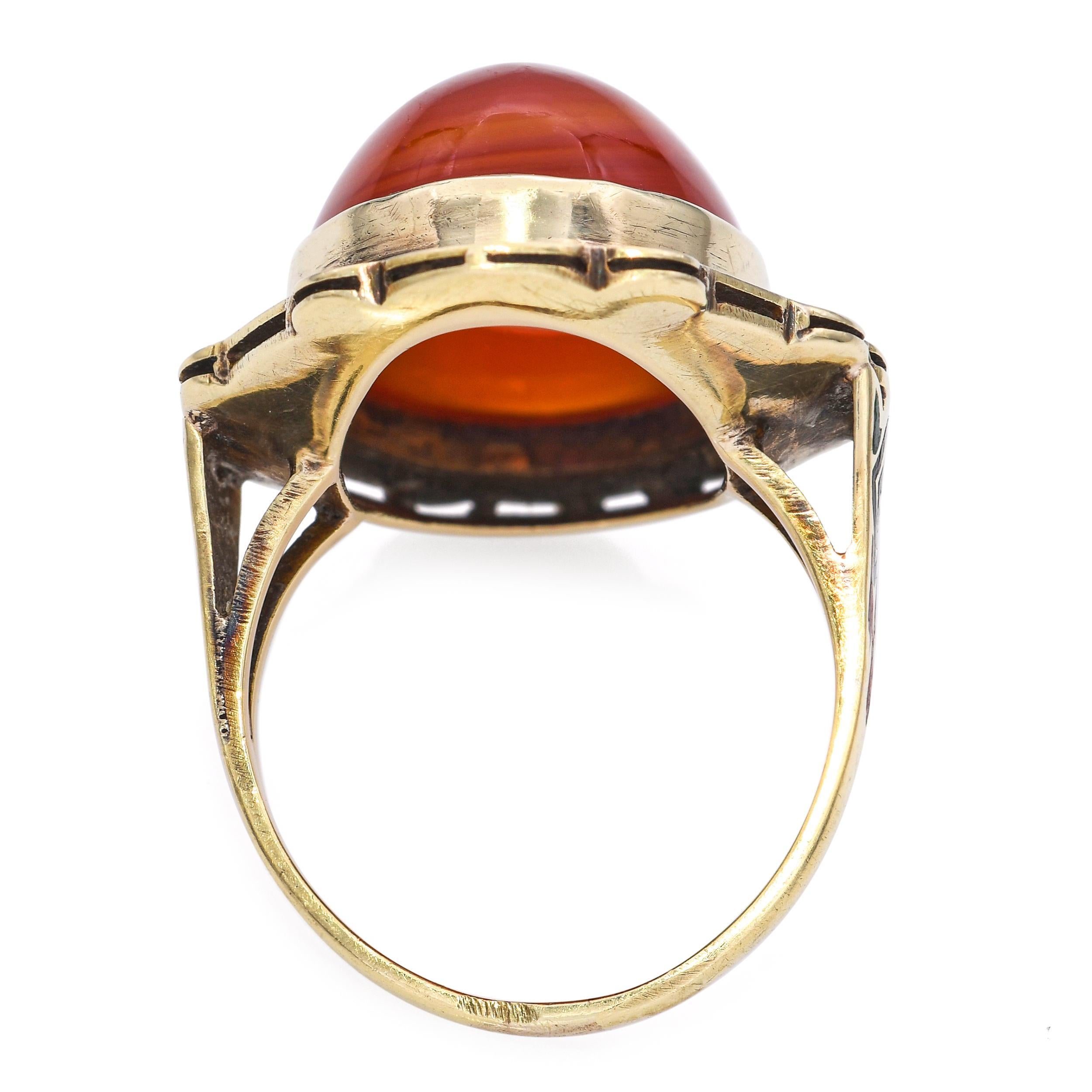 Art Deco 14k Gelbgold Karneol Cabochon und Emaille Ring im Angebot 1