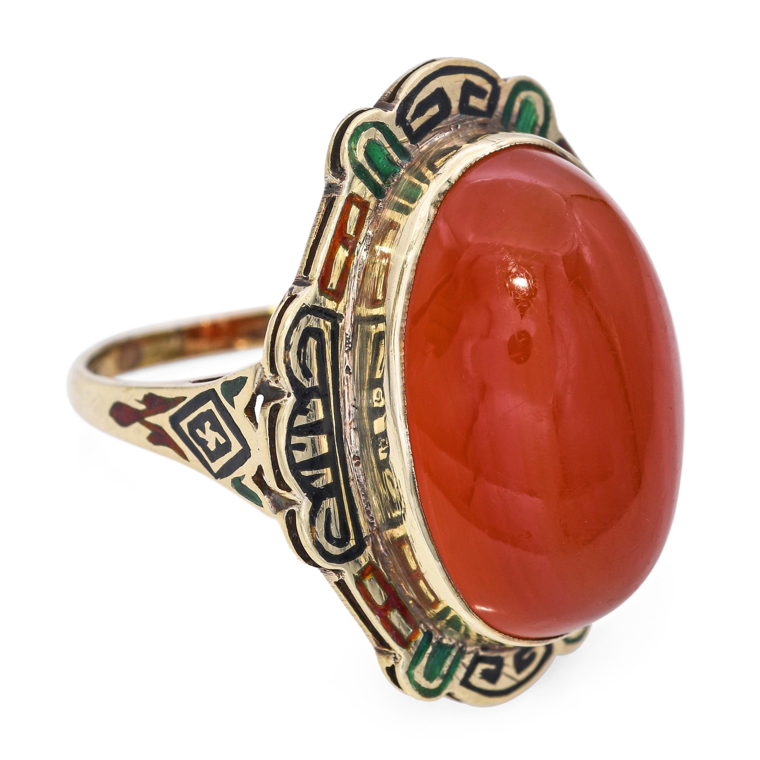Art Deco 14k Gelbgold Karneol Cabochon und Emaille Ring im Angebot 2