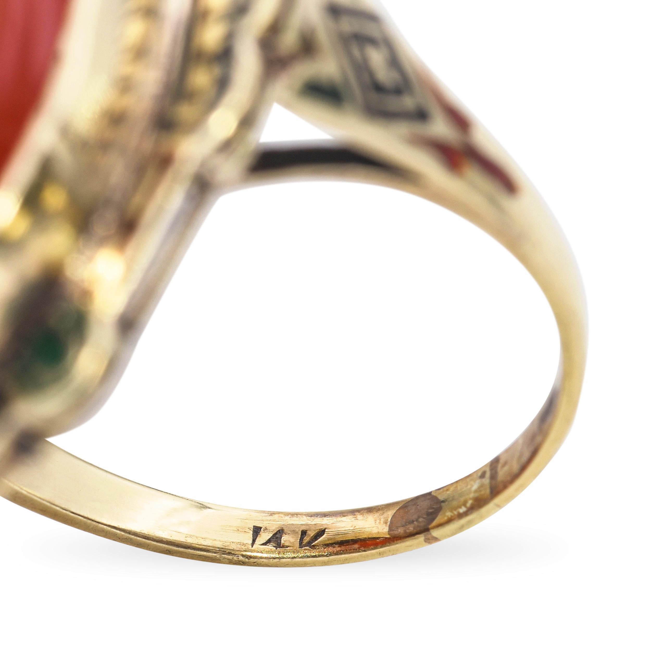 Art Deco 14k Gelbgold Karneol Cabochon und Emaille Ring im Angebot 3