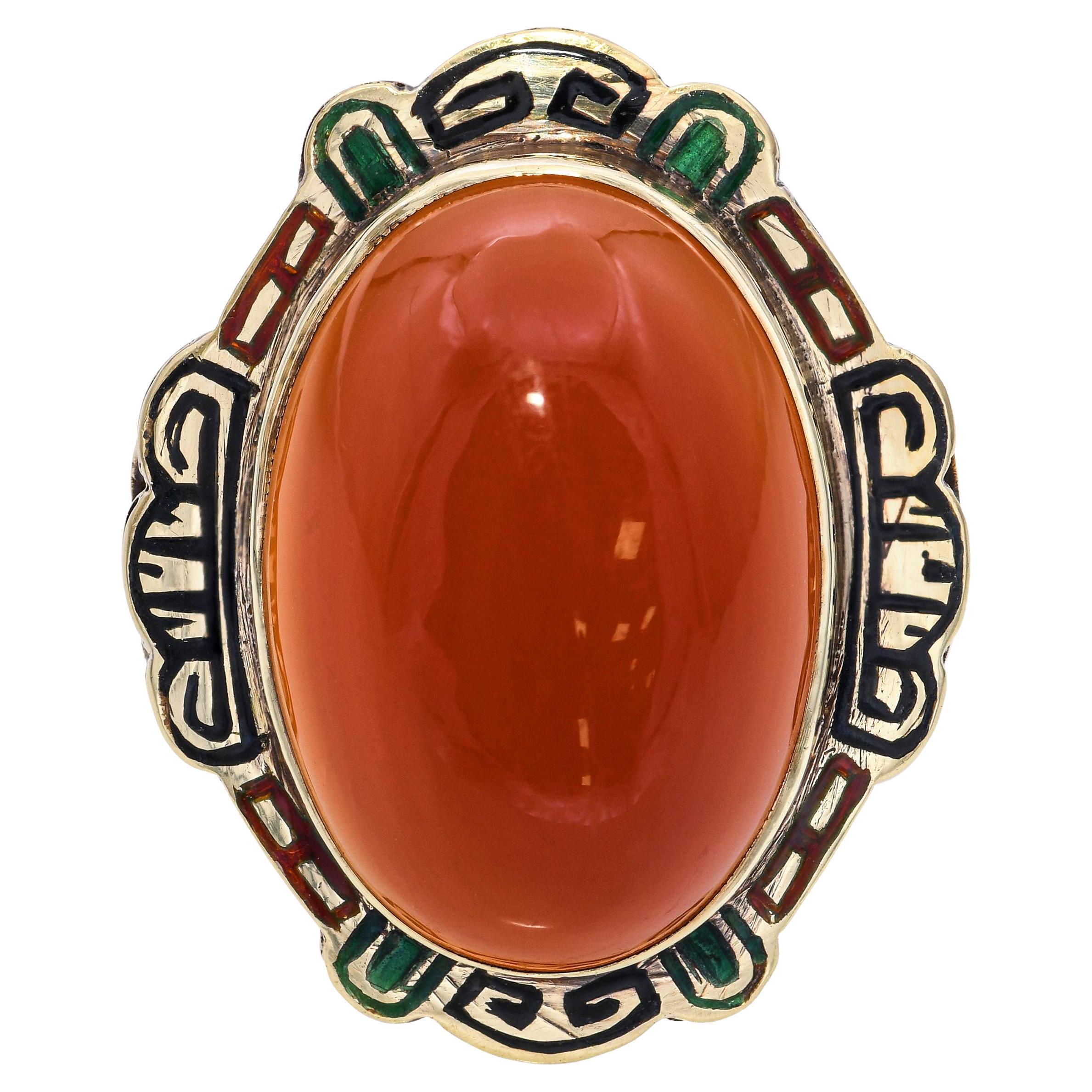 Art Deco 14k Gelbgold Karneol Cabochon und Emaille Ring im Angebot