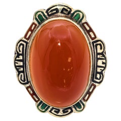 Anillo Art Decó de Oro Amarillo de 14k con Cabujón de Cornalina y Esmalte
