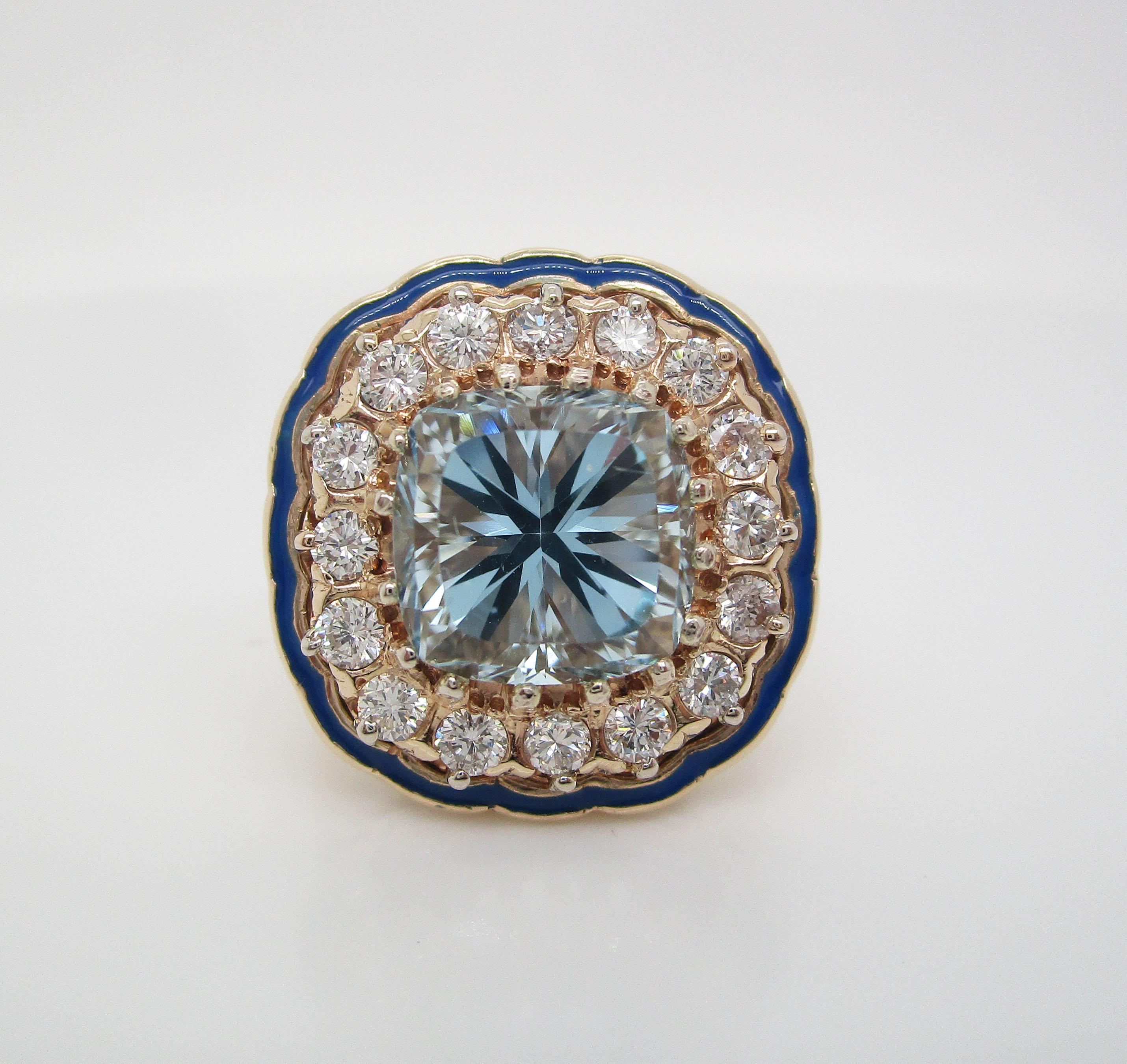 Square Cut Art Deco 14 Karat Yellow Gold Diamond Aquamarine Enamel Cocktail Dinner Ring