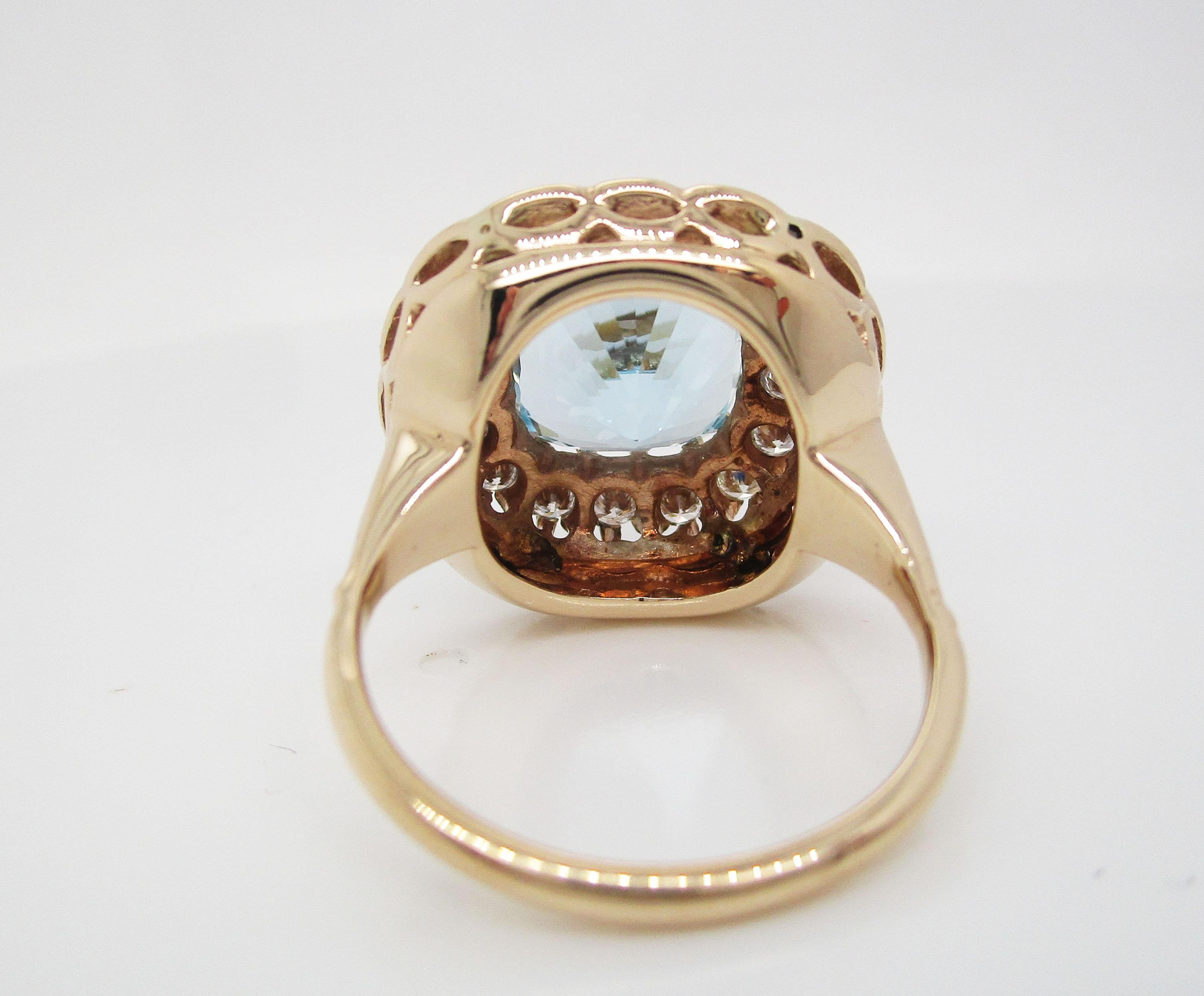 Art Deco 14 Karat Yellow Gold Diamond Aquamarine Enamel Cocktail Dinner Ring 3