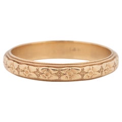 Art Deco 14K Yellow Gold Floral Engraved Stackable Wedding Band -#1900722225
