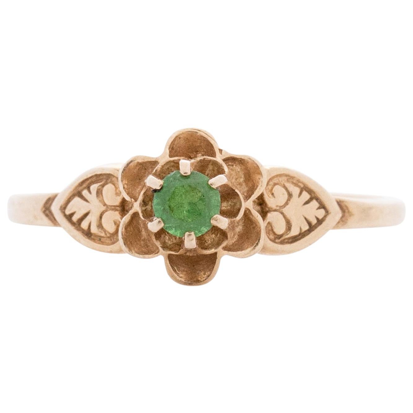Art Deco 14K Yellow Gold Floral Vintage Ring with Leaf Carving and Emerald Ring