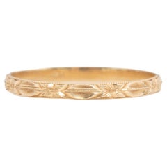 Antique Art Deco 14k Yellow Gold Flower and Leaf Carved Stackable Wedding Band
