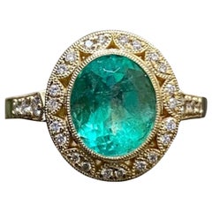 Art Deco 14K Yellow Gold GIA Certified Oval Colombian Emerald Engagement Ring