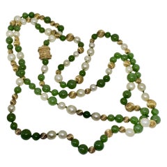 Art Deco 14K Yellow Gold Jade Pearl Bead Necklace, 51 Inches Long