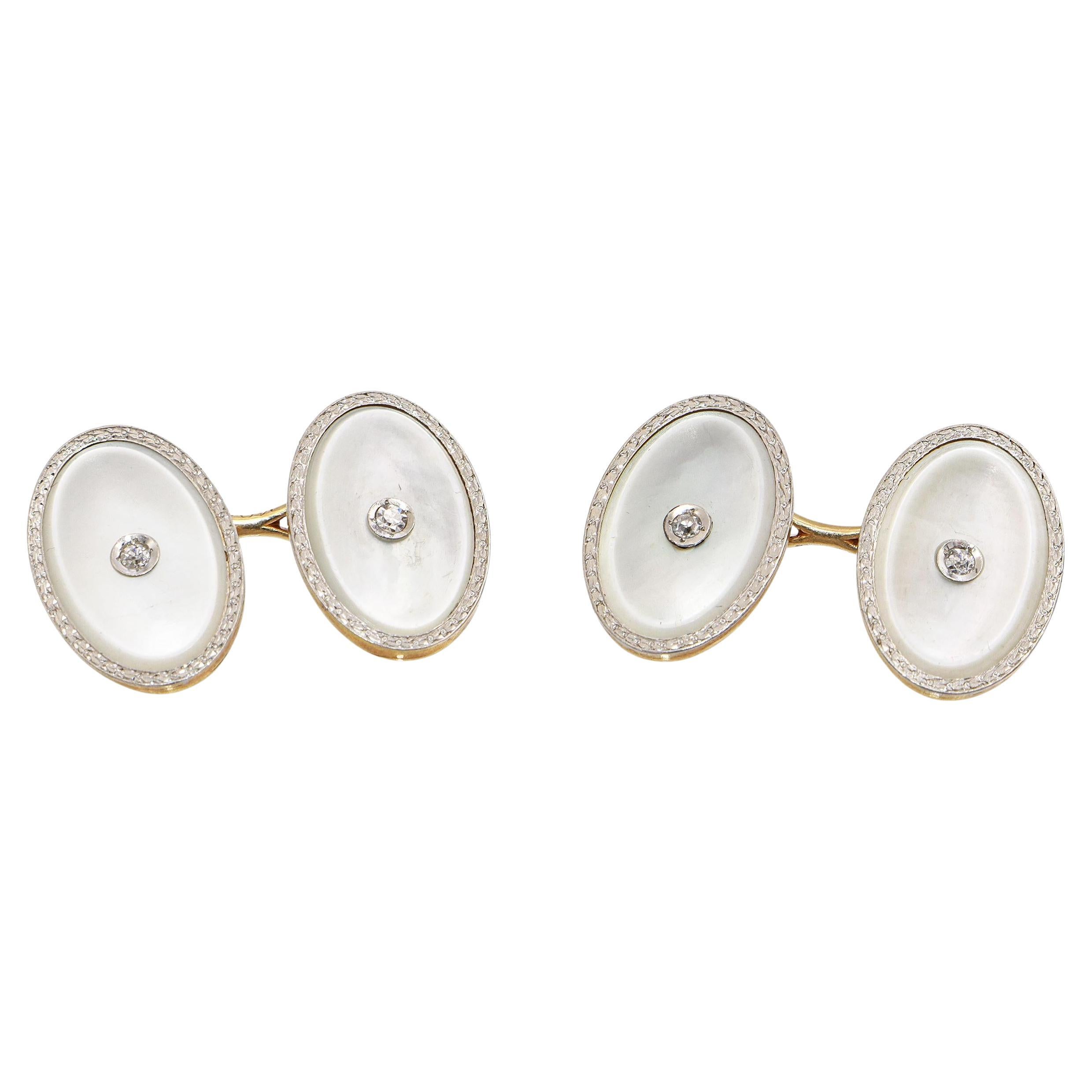 Art Deco 14k Yellow Gold Mother of Pearl & Diamond Double-Sided Cufflink