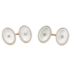 Gemelos Art Decó de oro amarillo de 14k con madreperla y diamantes de doble cara