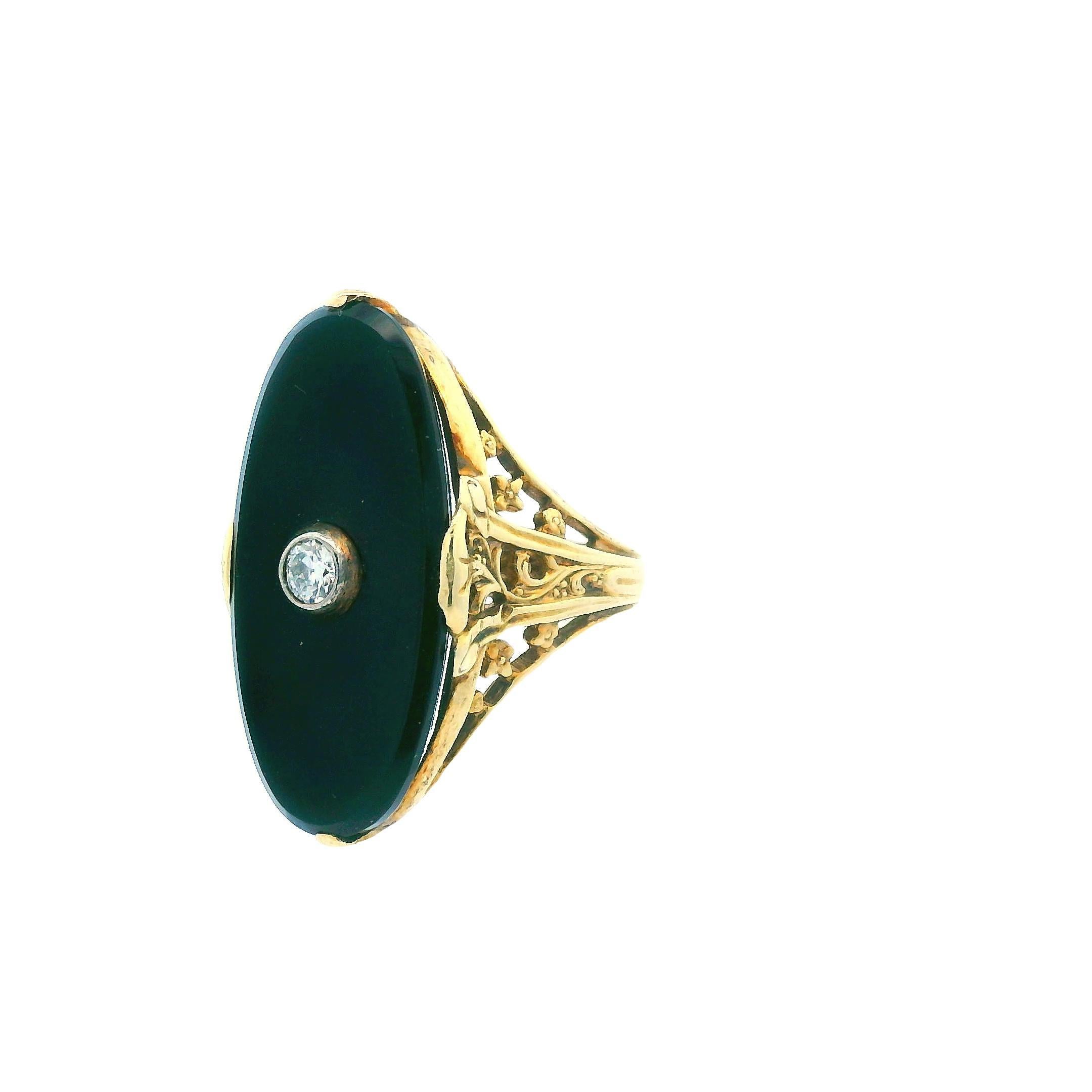 Women's Art Deco 14K Yellow Gold Onyx & Diamond Ring For Sale