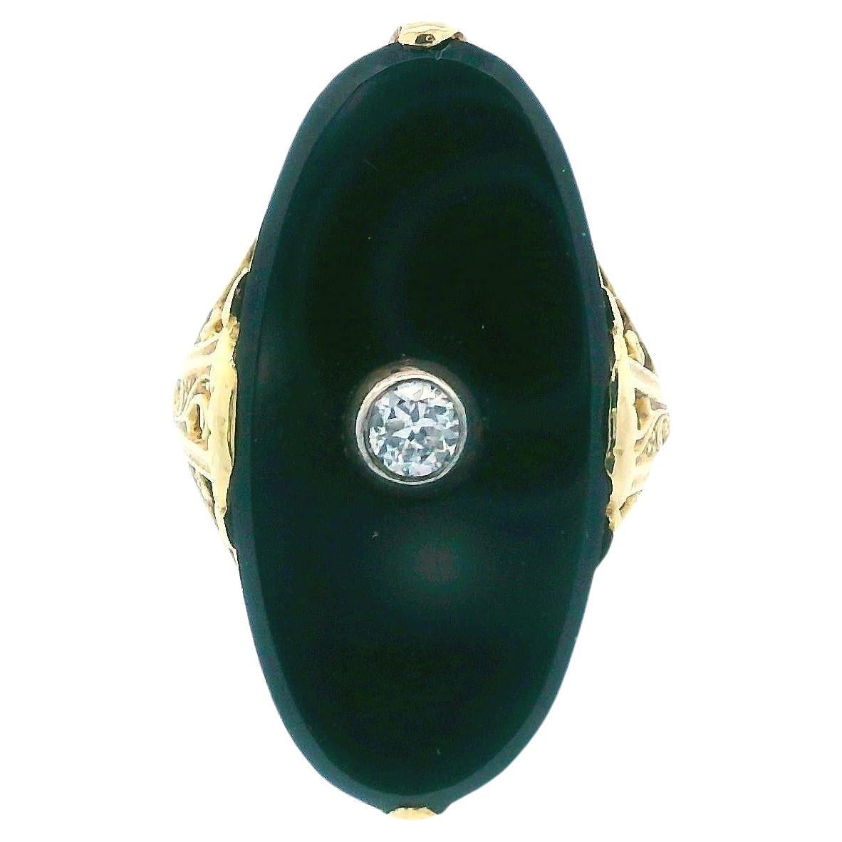Art Deco 14K Yellow Gold Onyx & Diamond Ring For Sale