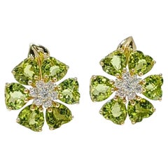 Art Deco 14K Yellow Gold Peridot Flower Earrings with Diamonds