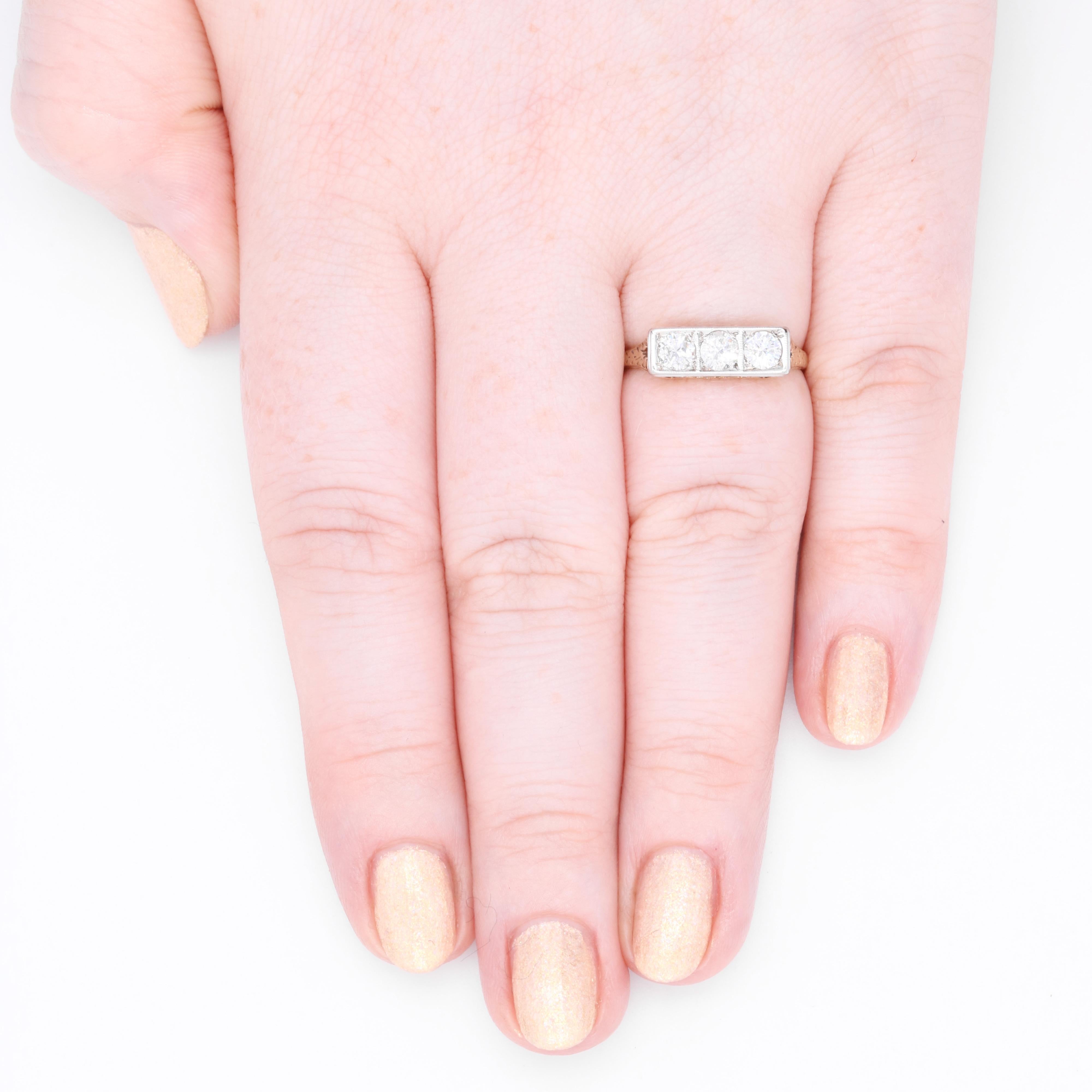 Art Deco 14K Yellow Gold & Platinum 0.6ctw Transitional Cut Diamond Trilogy Ring For Sale 5