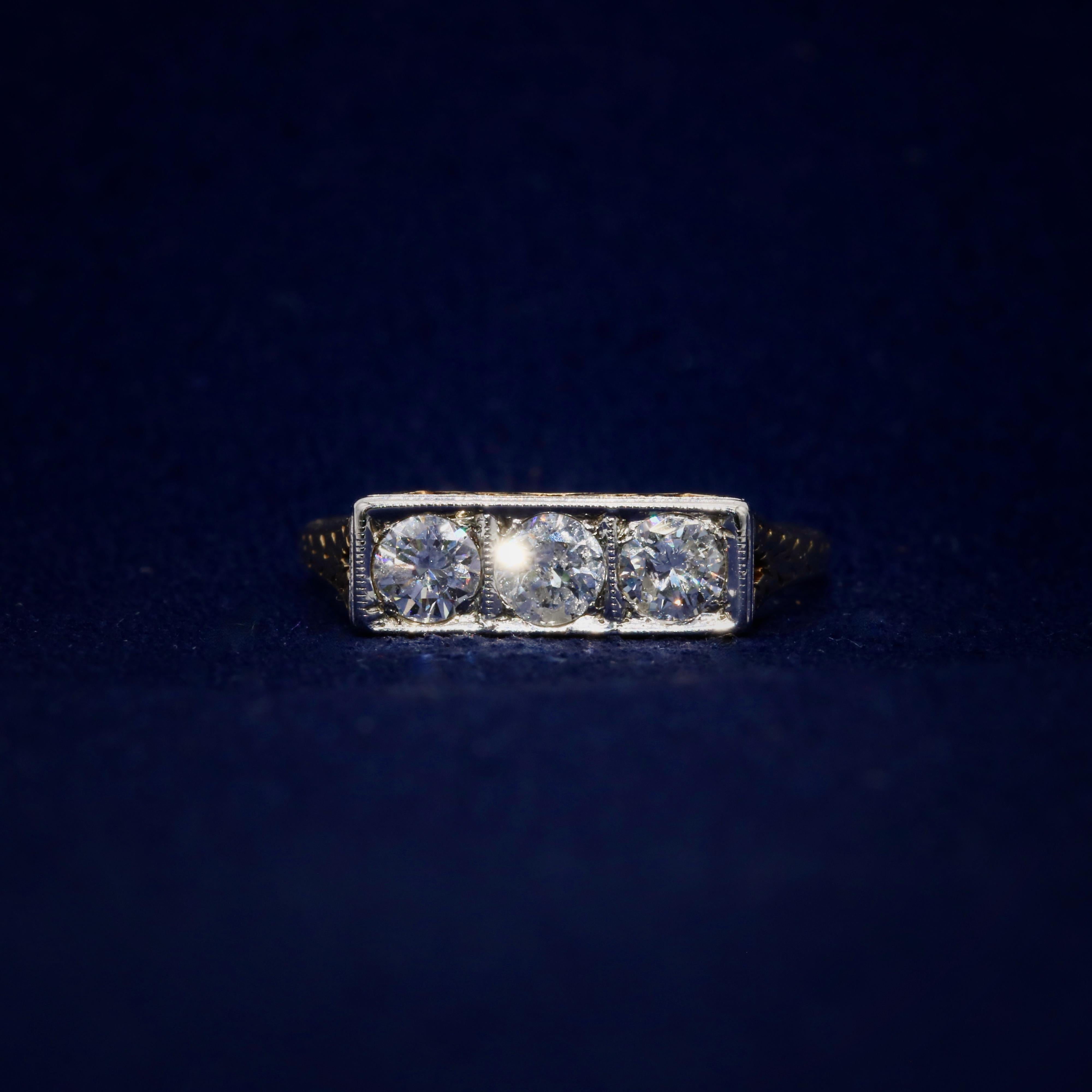 Brilliant Cut Art Deco 14K Yellow Gold & Platinum 0.6ctw Transitional Cut Diamond Trilogy Ring For Sale