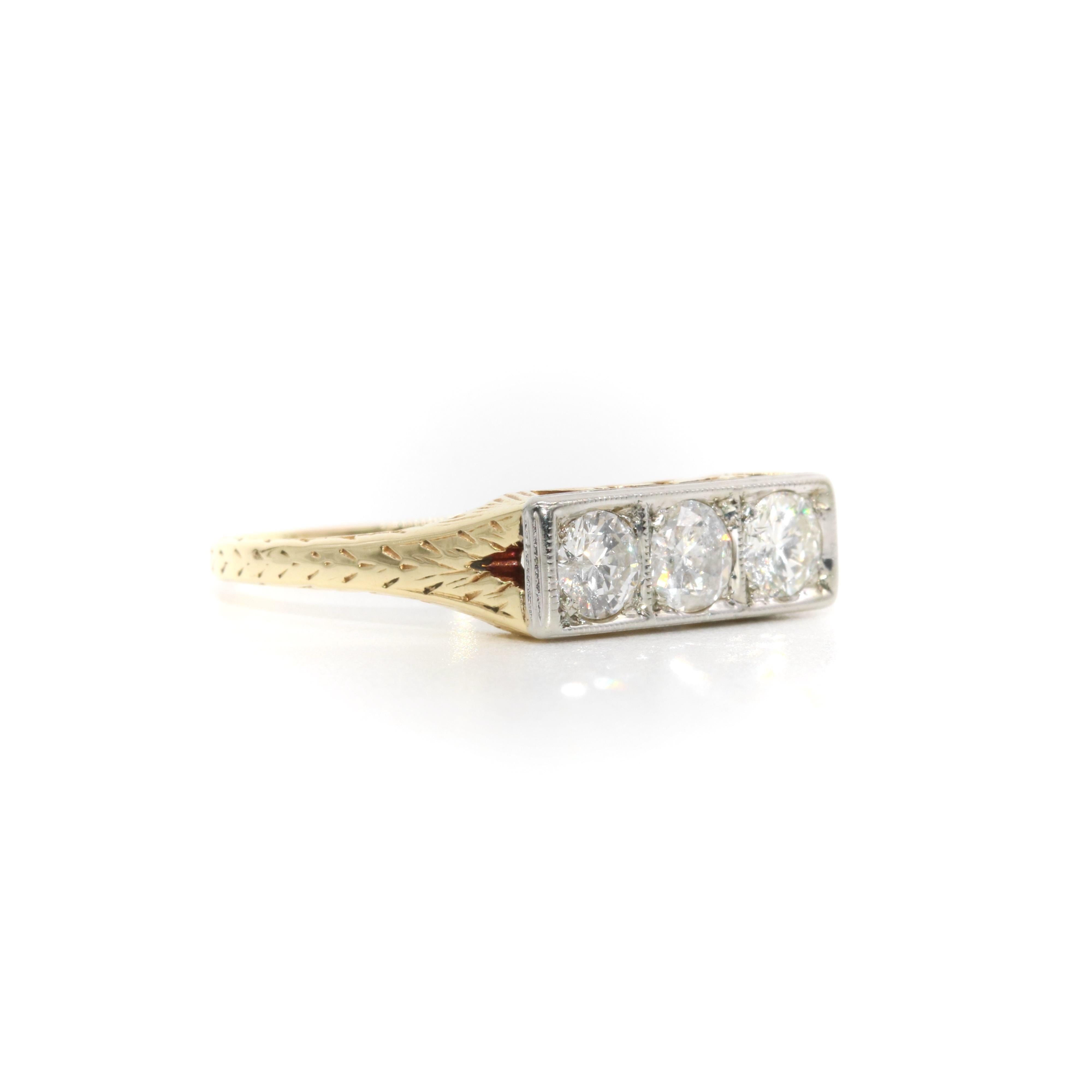 Women's or Men's Art Deco 14K Yellow Gold & Platinum 0.6ctw Transitional Cut Diamond Trilogy Ring For Sale