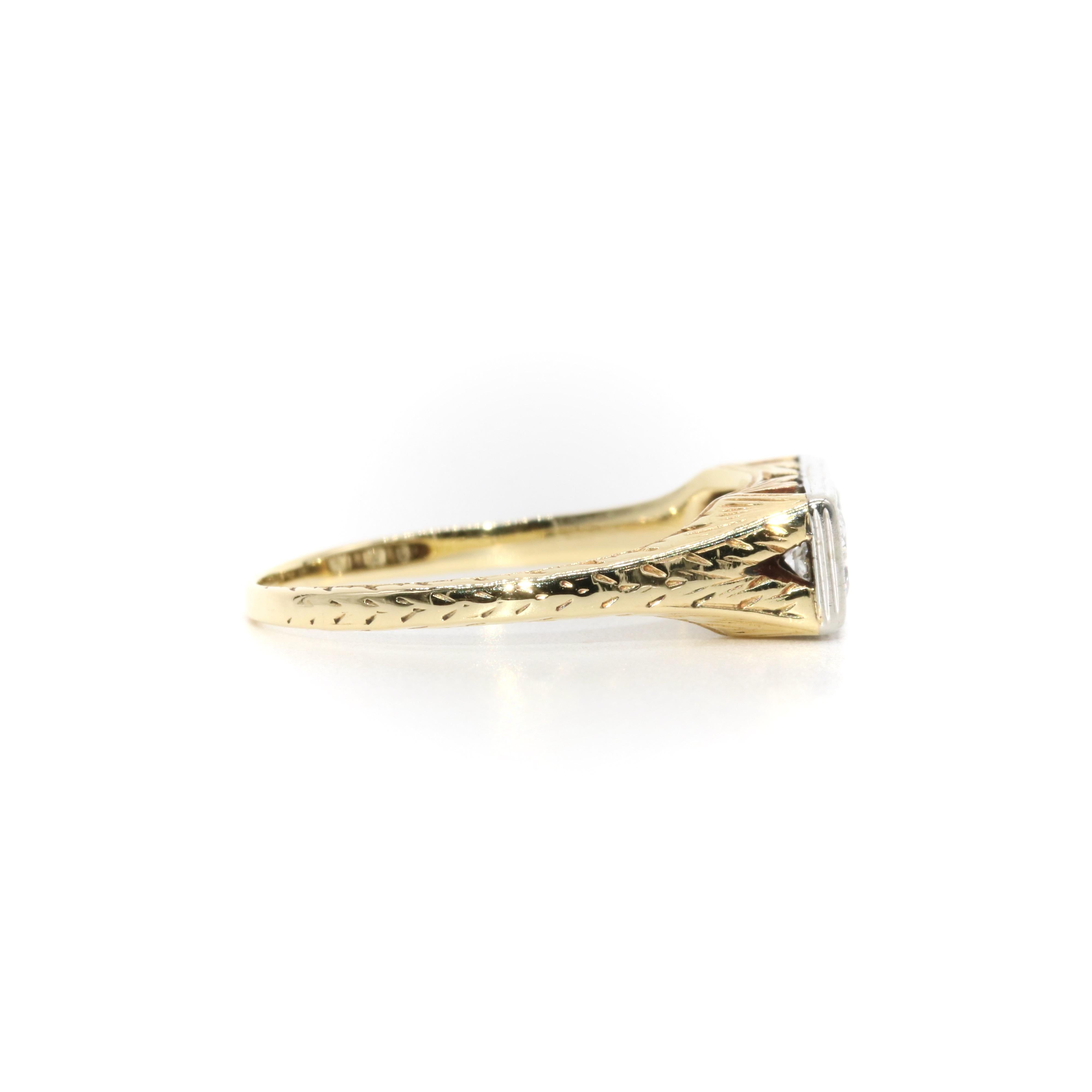 Art Deco 14K Yellow Gold & Platinum 0.6ctw Transitional Cut Diamond Trilogy Ring For Sale 1