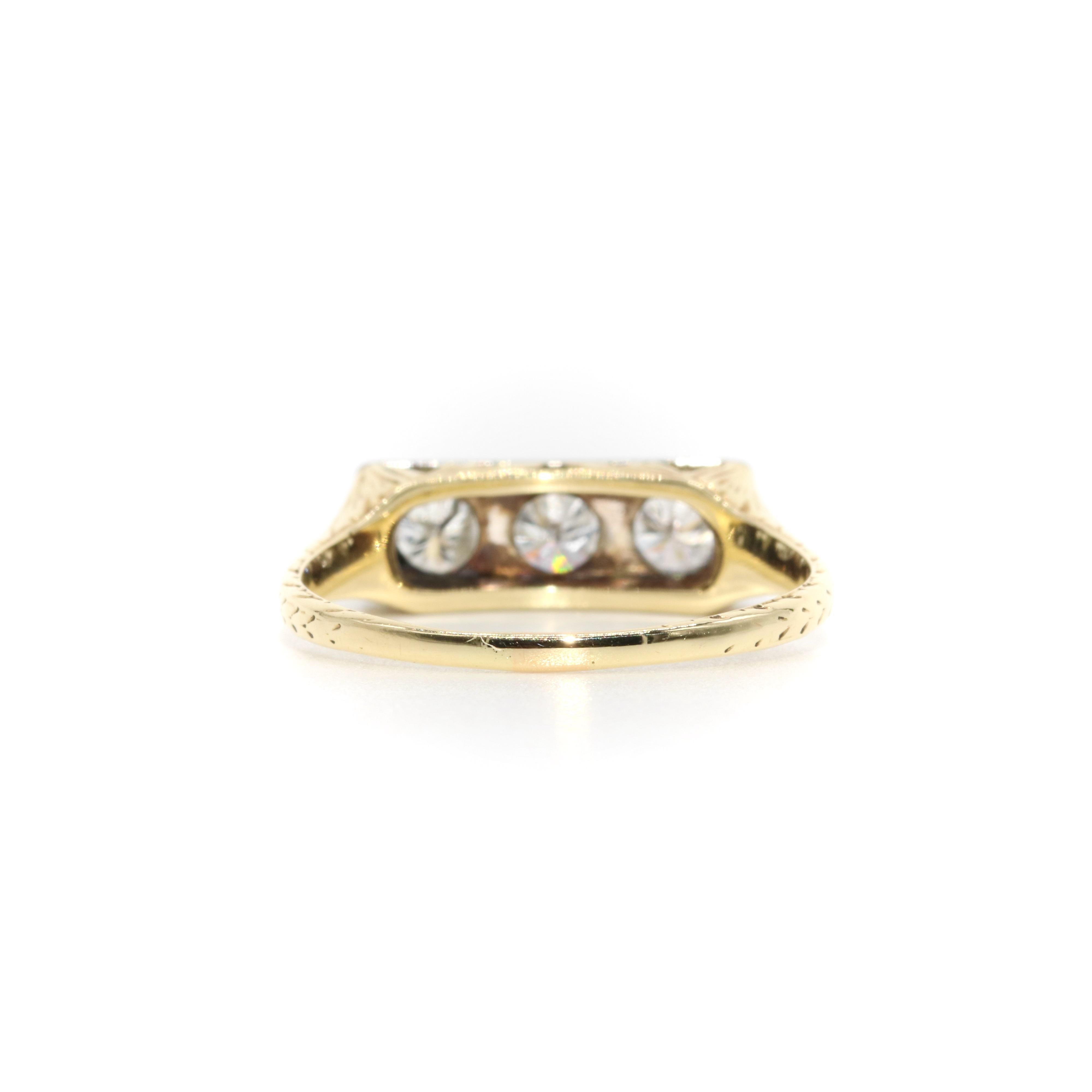 Art Deco 14K Yellow Gold & Platinum 0.6ctw Transitional Cut Diamond Trilogy Ring For Sale 2