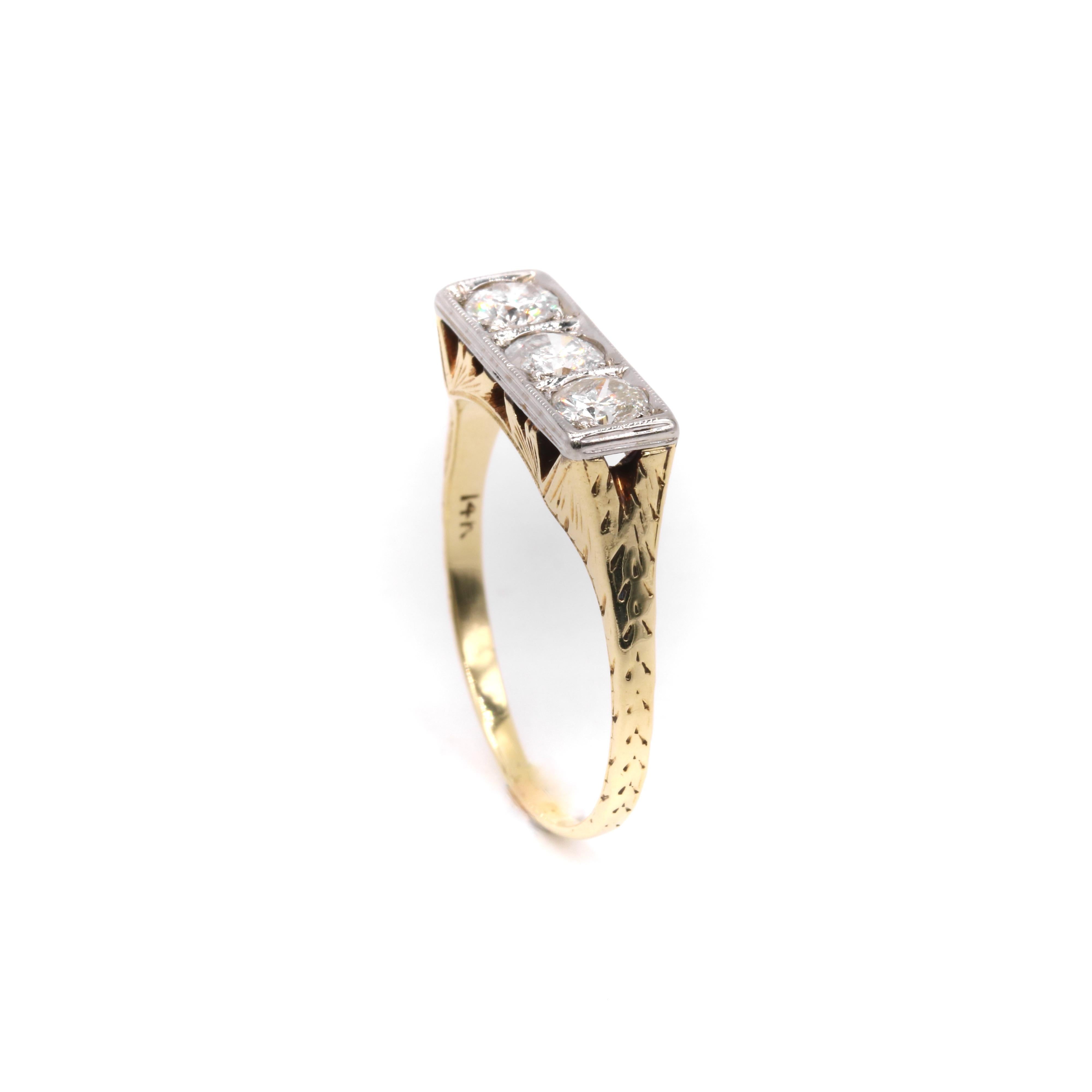 Art Deco 14K Yellow Gold & Platinum 0.6ctw Transitional Cut Diamond Trilogy Ring For Sale 3
