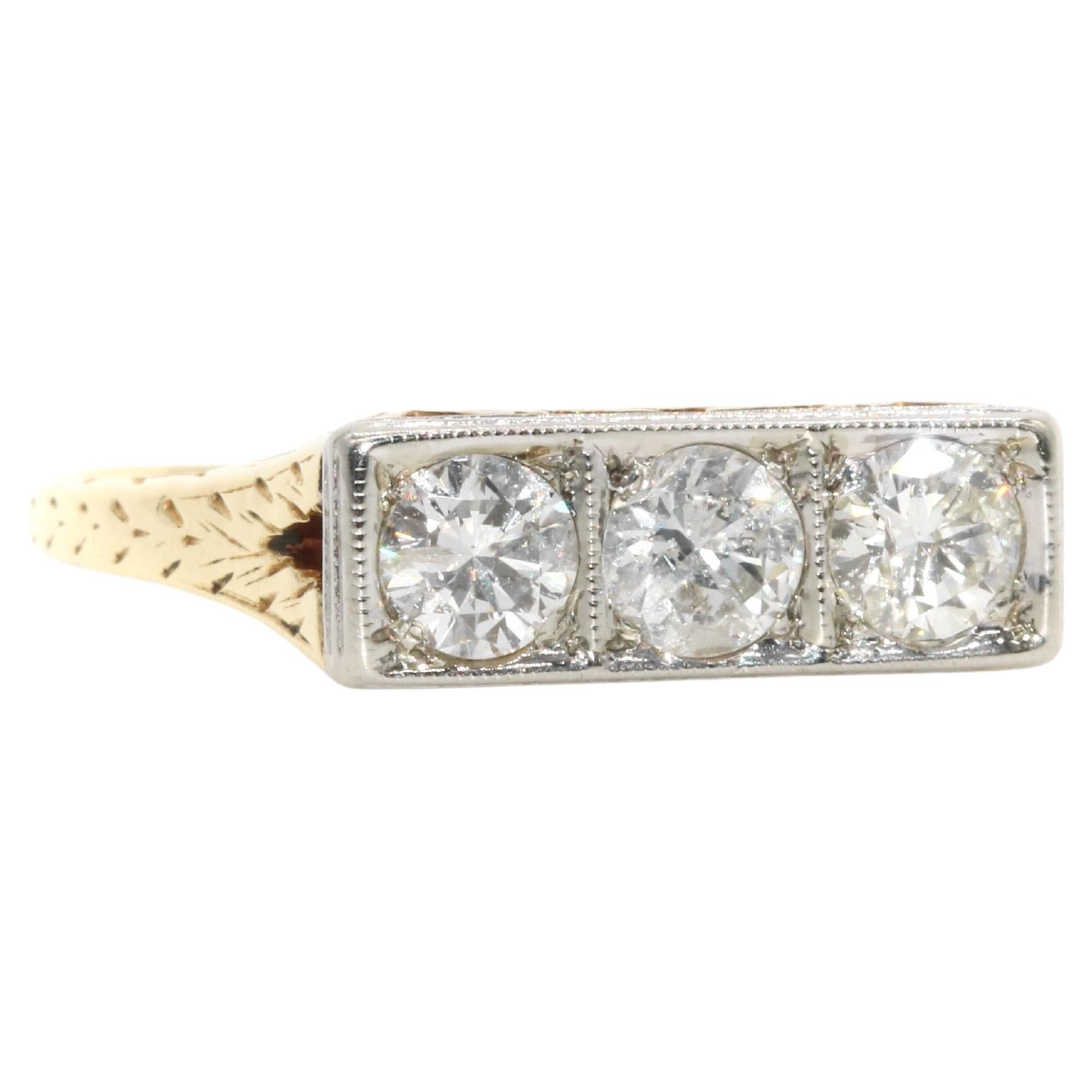 Art Deco 14K Yellow Gold & Platinum 0.6ctw Transitional Cut Diamond Trilogy Ring For Sale