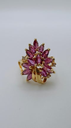 Art Deco 14K Yellow Gold Ruby and Diamond Cluster Ring, Circa 1980