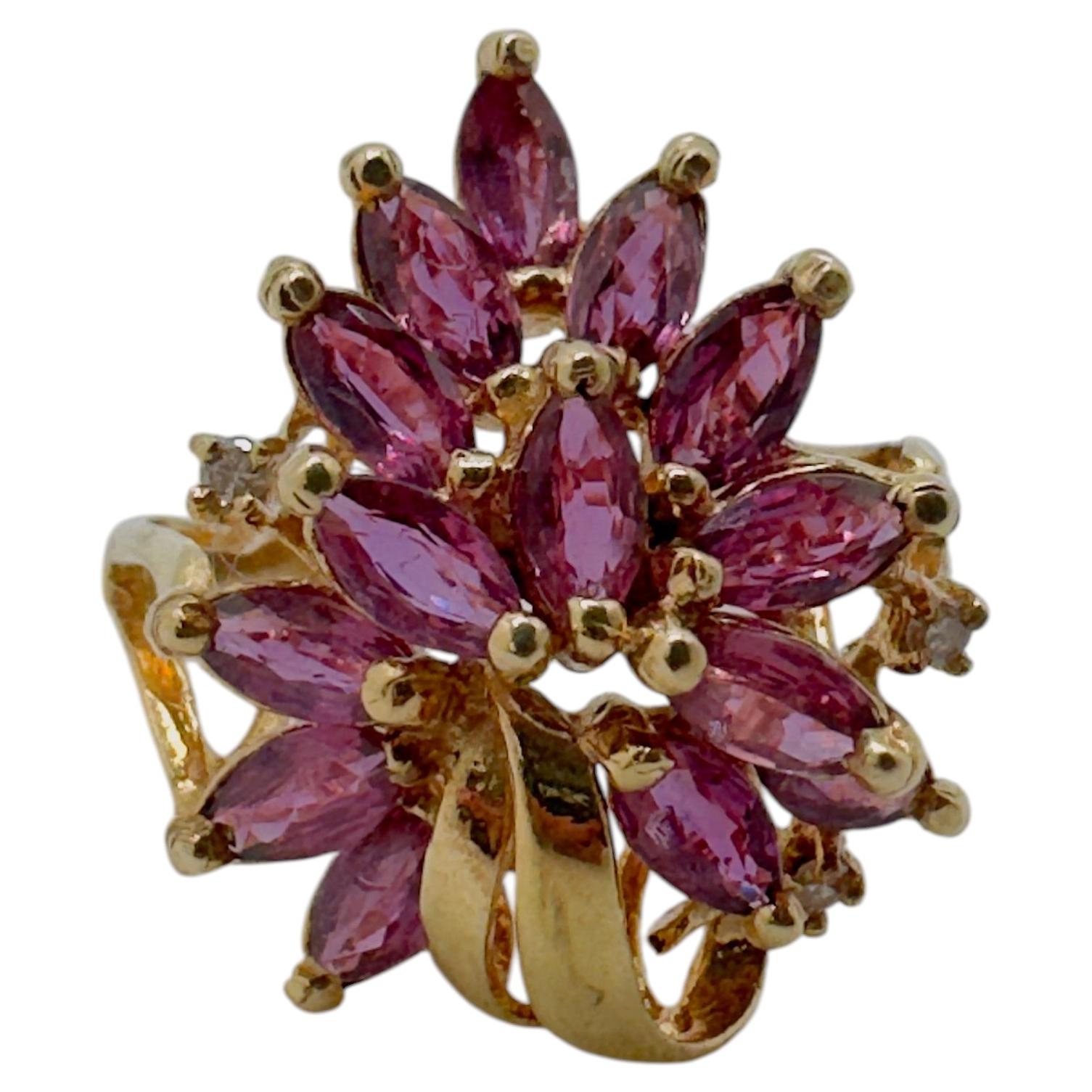 Art Deco 14K Yellow Gold Ruby and Diamond Cluster Ring, Circa 1980 For Sale