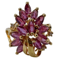 Art Deco 14K Yellow Gold Ruby and Diamond Cluster Ring, Circa 1980
