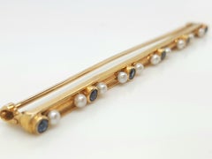 Art Deco 14 Karat Yellow Gold Sapphire and Seed Pearl Bar Brooch