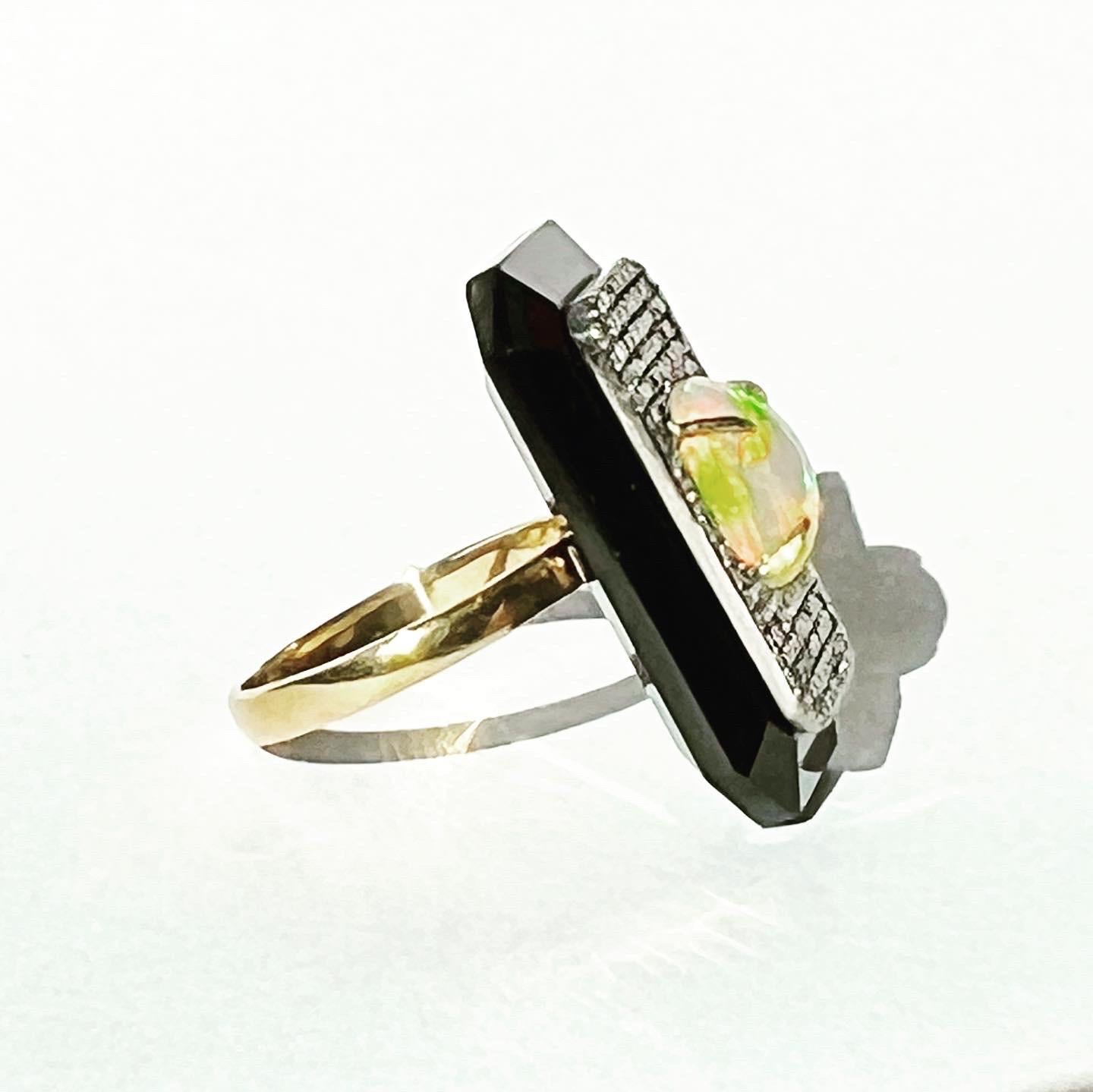 Brilliant Cut Art Deco 14k Yellow Gold, Silver, Diamond Opal Onyx Cocktail Marquise Ring For Sale