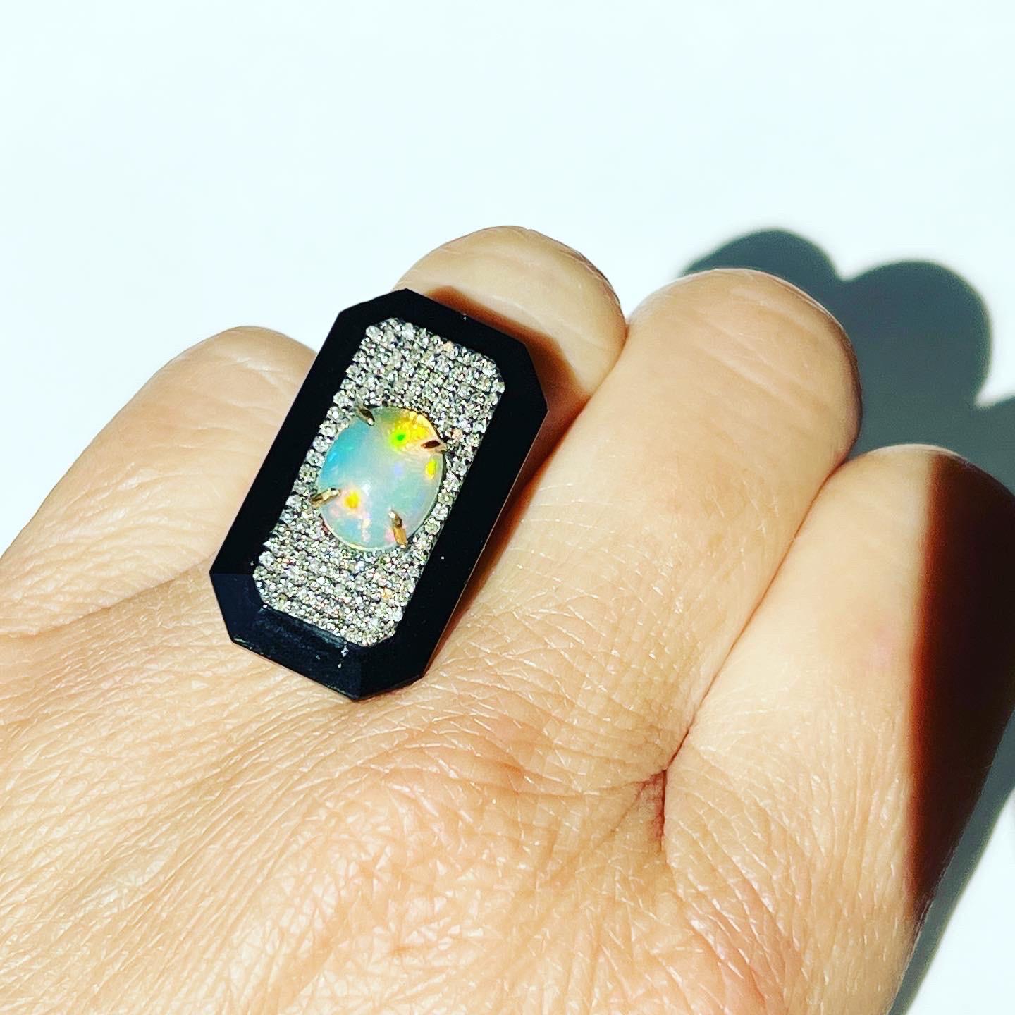 Women's or Men's Art Deco 14k Yellow Gold, Silver, Diamond Opal Onyx Cocktail Marquise Ring For Sale